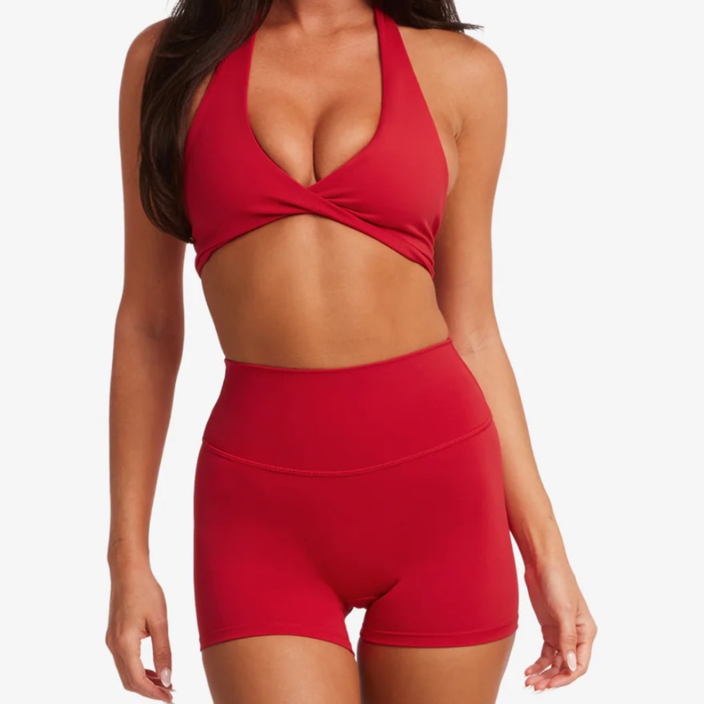 Red Halter CSB Top and High-Waisted Shorts Set